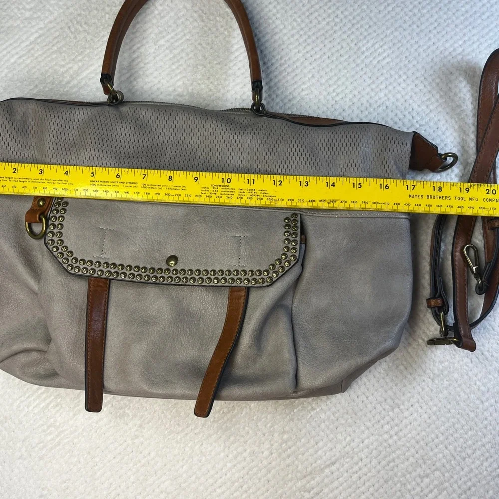 Antik Kraft Grey Studded Satchel‎ Crossbody Brown Trim Perforated Vegan Leather